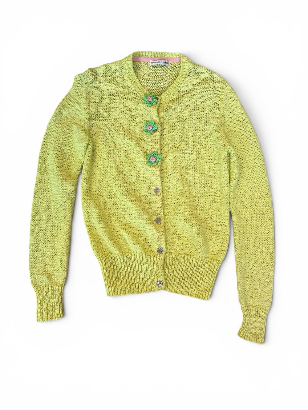 Tsumori Chisato Lime Green Knit Cardigan with Flower Buttons fits small/Medium